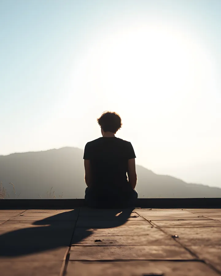 Persona seduta in silenzio davanti alle montagne al tramonto